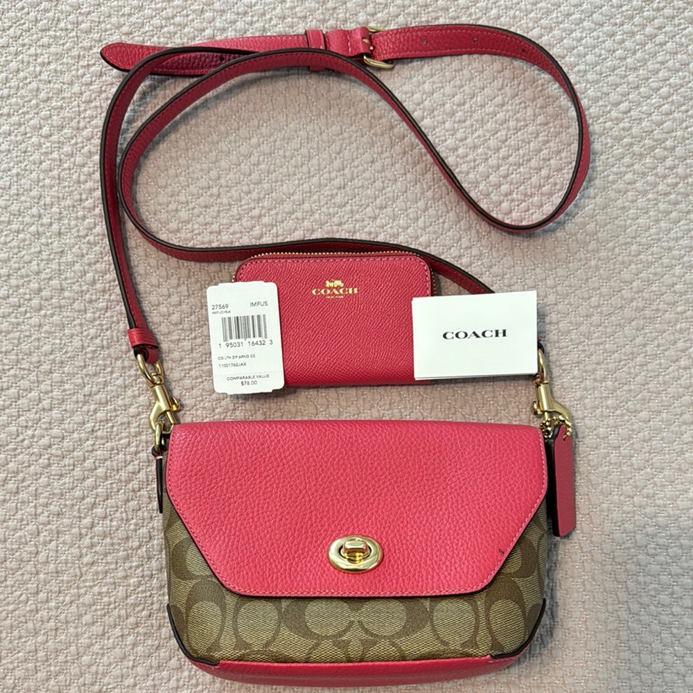 Coach Pink and Brown Crossbody Bag with Signature Design and small wallet